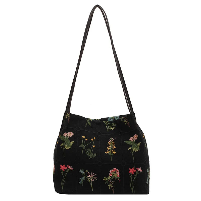 Floral Embroidered Canvas Tote Bag – Women's Bucket Shoulder Bag