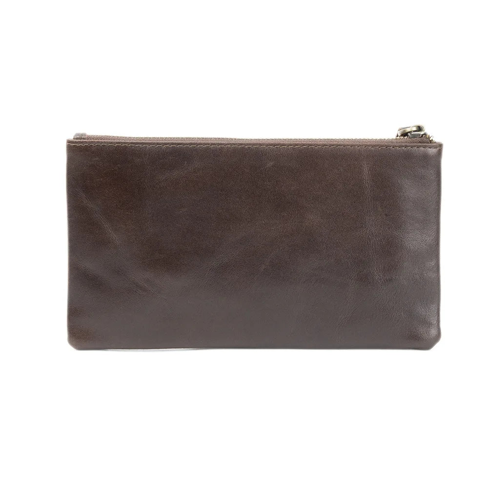 Unisex Genuine Leather Long Zipper Wallet Clutch Thin Top Layer Cowhide Oil Wax Leather Retro Wallet