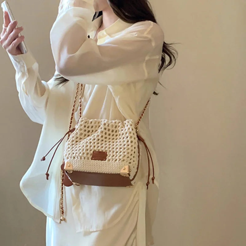 Knit Crochet Bucket Crossbody Bag with Gold Chain Strap & Charm