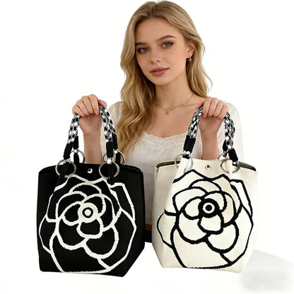 Knitted Tote Bag with Camellia Flower - Large Capacity Weave Handbag