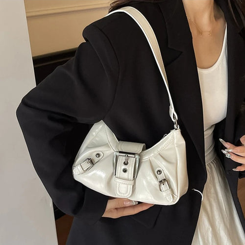 Y2k White Glossy Hobo Bag Silver Buckle Details Retro Ruched Design Edgy Chic Shoulder Purse Trendy