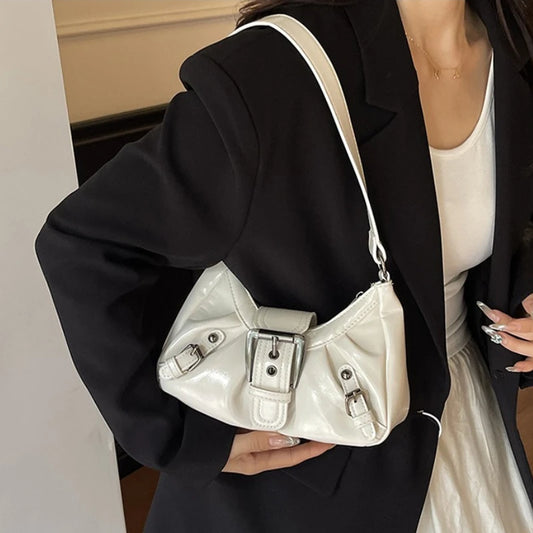 Y2k White Glossy Hobo Bag Silver Buckle Details Retro Ruched Design Edgy Chic Shoulder Purse Trendy