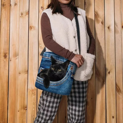 Women's Denim Crossbody Bag – Cute Cat Print Shoulder Bag