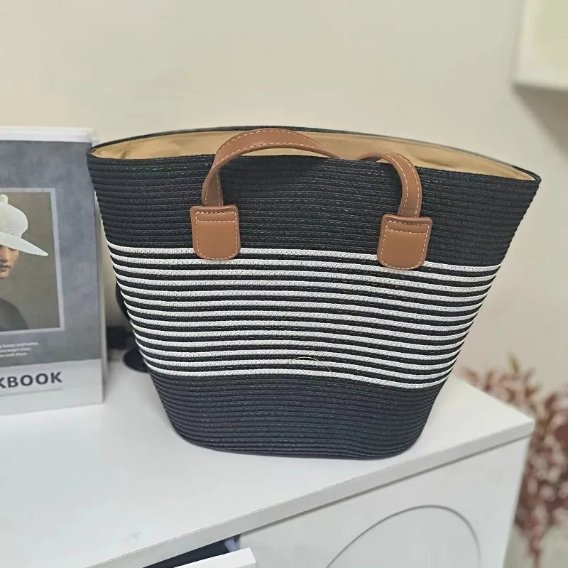 Summer Beach Casual Handbag Shoulder Bag Women Striped Straw Tote Bags Leather Handles