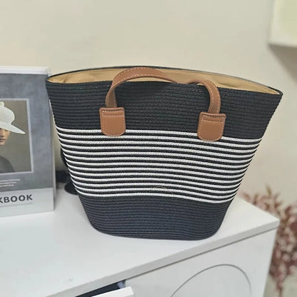 Summer Beach Casual Handbag Shoulder Bag Women Striped Straw Tote Bags Leather Handles