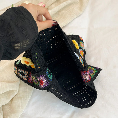 Trendy Bohemian Crochet Bag Cute Floral Shoulder Lightweight Soft Fabric Woman Tote Summer Outdoors
