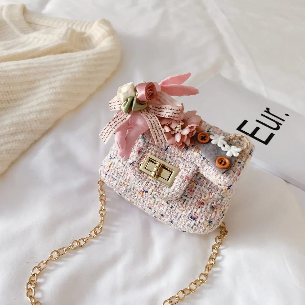 Cute Kids Floral Tweed Shoulder Crossbody Bags Pearl Flower Decor Chic Clutch Bag Mini Chain Purse