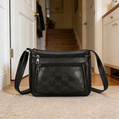 Business Unisex Solid Shoulder Bag Pu Bow Embossed Multi Pocket Storage Adjustable Strap Function