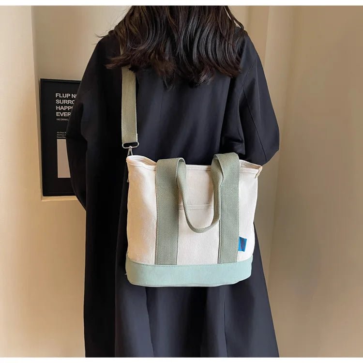 Color Block Canvas Tote Bag – Large Shoulder & Crossbody Bag