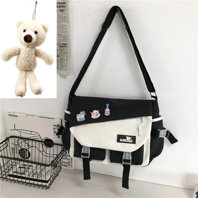 Harajuku Nylon Messenger Bag with Cute Badge Pins – Large Capacity