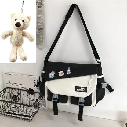 Harajuku Nylon Messenger Bag with Cute Badge Pins – Large Capacity
