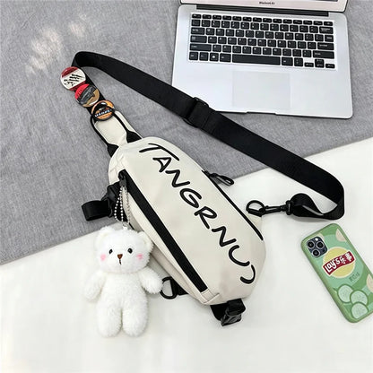 Crossbody Sling Chest Bag with Badge & Bear Pendant – Unisex