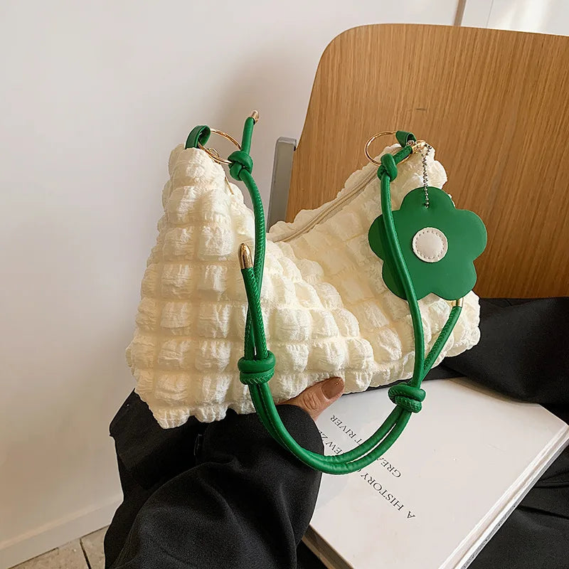 Bubble Quilted Shoulder Bag with Knotted Strap & Flower Charm