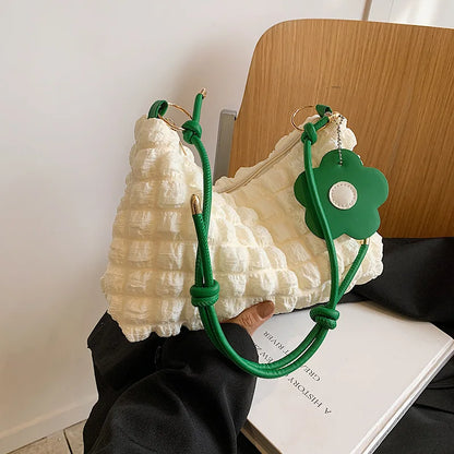 Bubble Quilted Shoulder Bag with Knotted Strap & Flower Charm