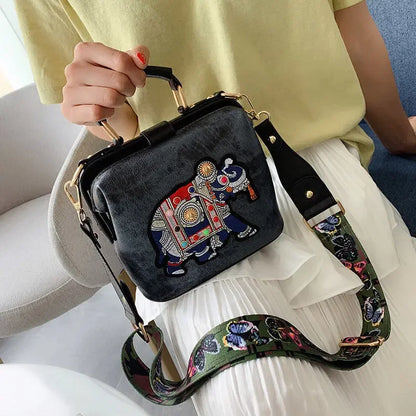 Elephant Embroidered Leather Crossbody Bag – Boho Satchel