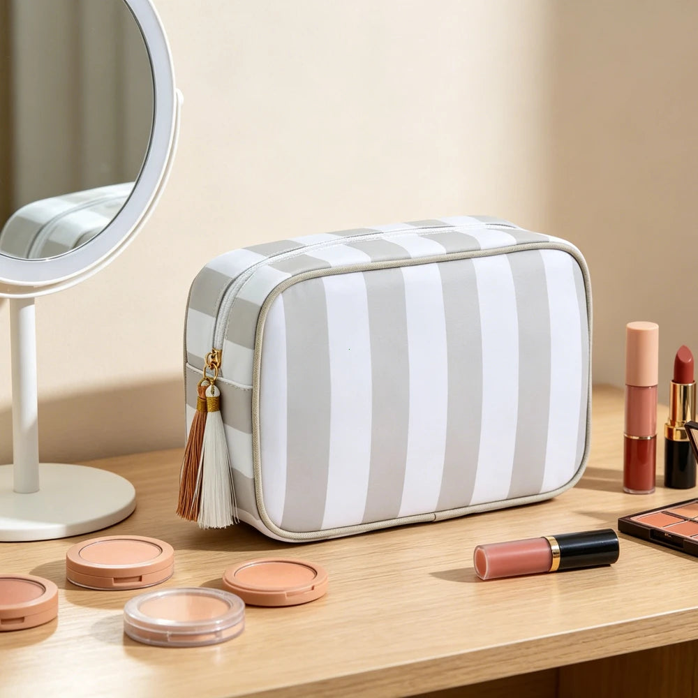 Large Striped Portable Cosmetic Bag Women Tassel Zipper Makeup Capacity Pouch Bags Casual Tote