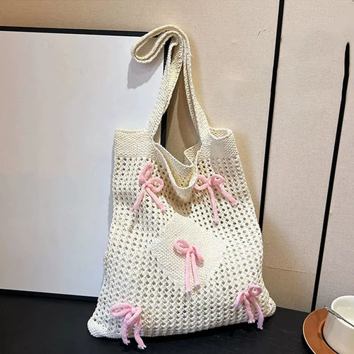 Crochet Tote Bag with Bow Accents – Preppy Knit Shoulder Bag