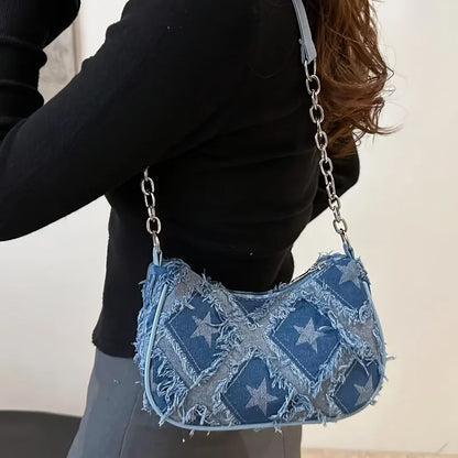Denim Checkered Shoulder Bag for Women – Chain Strap Hobo Handbag