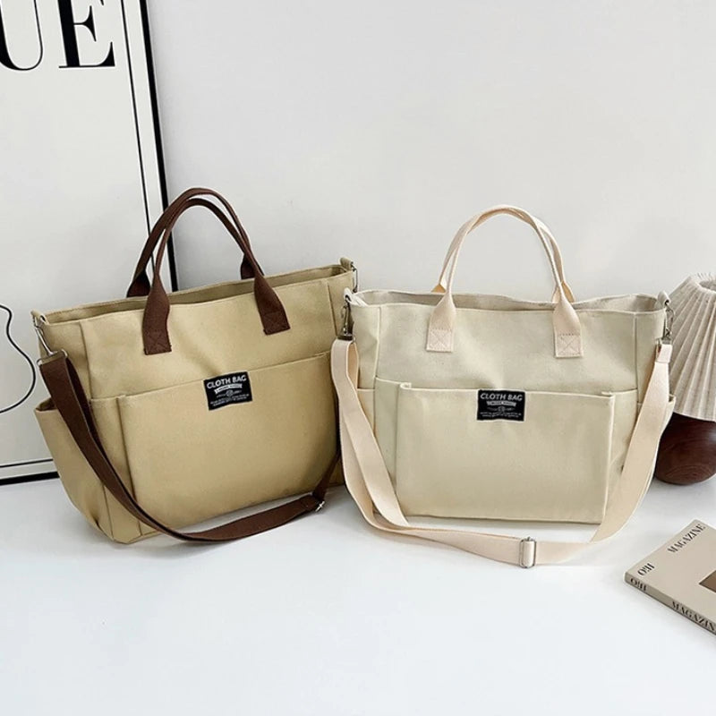 Canvas Tote Bag with Top Handles & Detachable Crossbody Strap