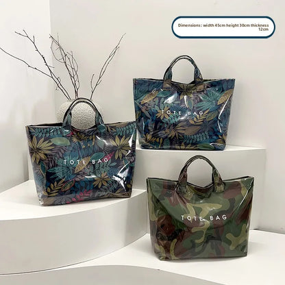 Tropical Leaf Print PVC Tote Bag – Waterproof Clear Shoulder Handbag