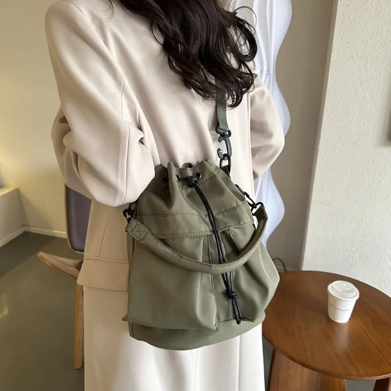 Nylon Drawstring Bucket Bag – Casual Crossbody Shoulder Bag for Women