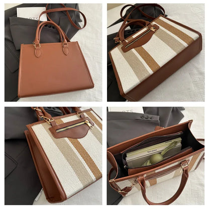 Chic Striped Canvas Tote Bag Work Weekend Every Premium Pu Leather Trim