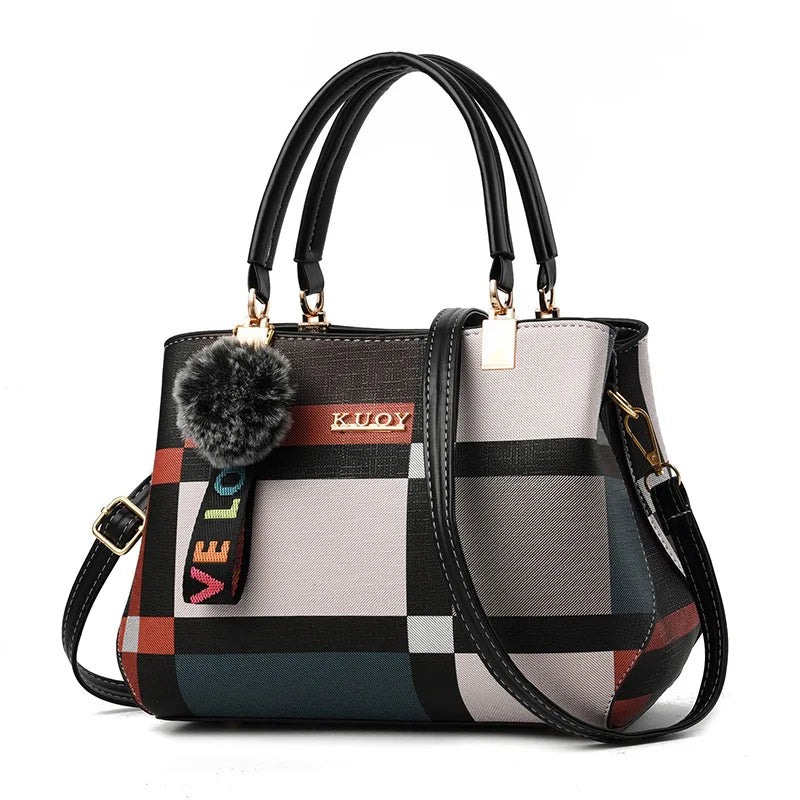 Plaid Small Tote Bag Ball Decoration Multi Layer Handbag Shoulder Crossbody Women Date Party Student