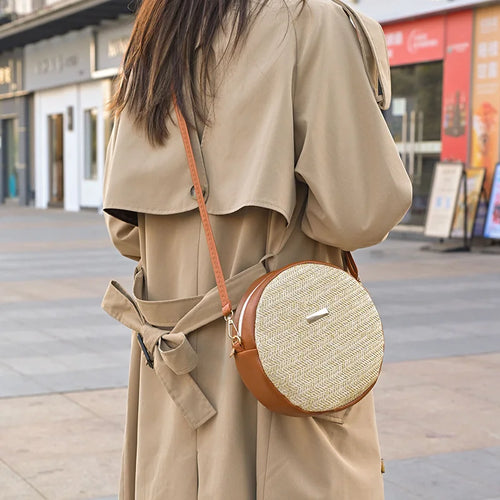Straw Woven Round Shoulder Bag – Vintage Boho Handbag