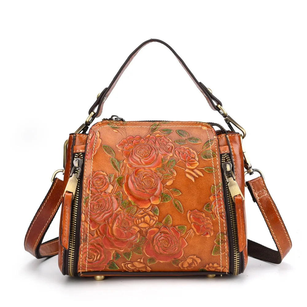Genuine Leather Women S Single-Shoulder Bag Floral Crossbody Retro Large-Capacity High-End Hand-Held