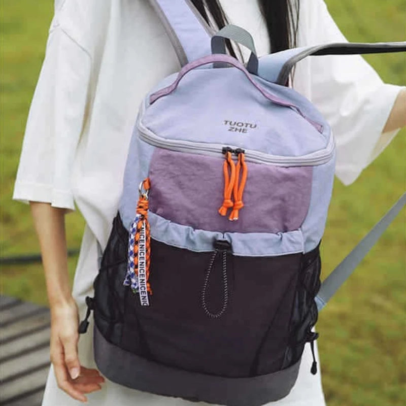 Color Block Nylon Backpack Mesh Pocket Orange Drawstring Adjustable Straps Student School Outdoor
