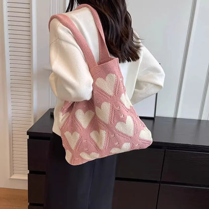 Love Pattern Handbag Knitted Women S Bag Large Capacity Weaving Tote Street Trend Shopping Shoulder