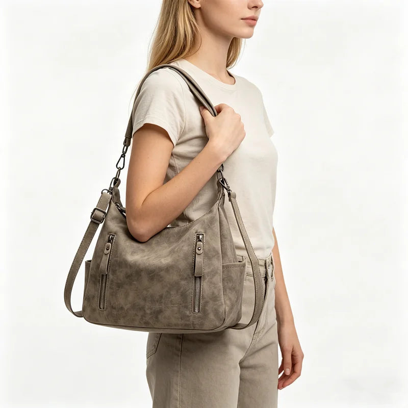 Soft Leather Hobo Bag – Multi-Zipper Shoulder & Crossbody Tote