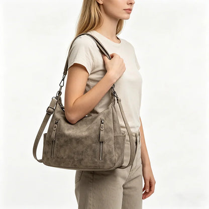 Soft Leather Hobo Bag – Multi-Zipper Shoulder & Crossbody Tote
