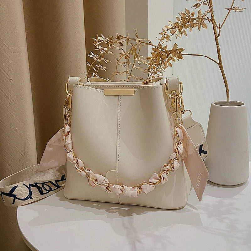 Women Bucket Bag Solid Color Pu Silk Scarf Chain Handbag Large Capacity Adjustable Strap Crossbody