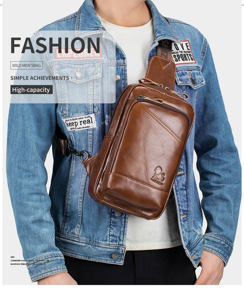 Real Leather Chest Bag Men S Head Layer Cowhine Multi-Function Large Capacity One Shoulder Cross