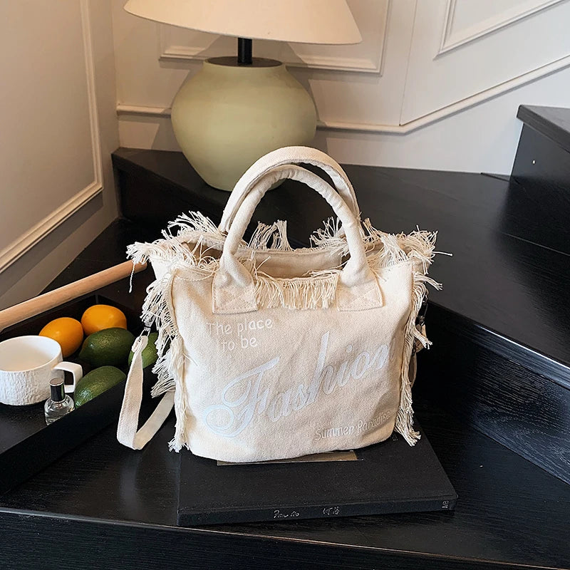 Vintage Fringe Canvas Mini Tote Bag Women Letter Print Distressed Handbag Casual Daily Shopping