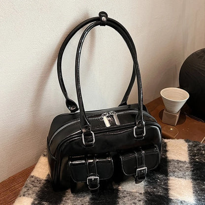Retro Pu Leather Double Pockets Underarm Bags Women Winter Y2k Korean Female Shoulder Bag Stylish