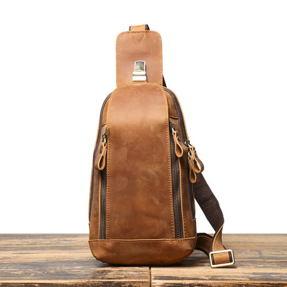 Retro Men S Genuine Leather Chest Bag Crazy Horse Leather Sports Crossbody Backpack