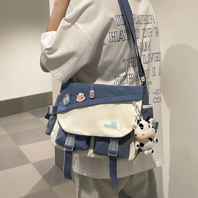 Harajuku Nylon Messenger Bag with Cute Badge Pins – Large Capacity