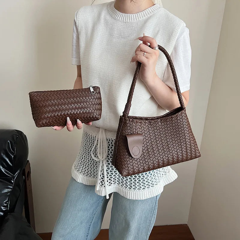 Woven Leather Shoulder Bag – Retro Braided Handle Tote