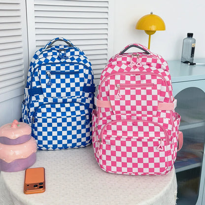 Retro Trendy Checkerboard Patterned Large Capacity Student Backpack Nylon Lightweight Casual Campus