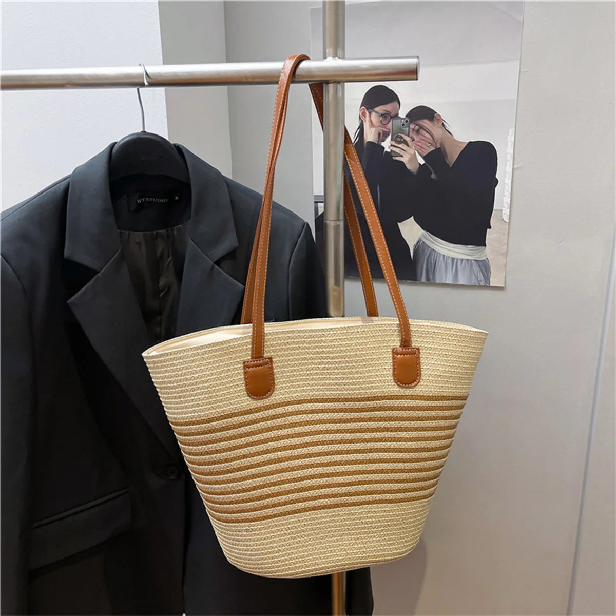 Spring Summer Casual Shoulder Bag Beach Vacation Tote Straw Woven Large Capacity Handbag Play Travel