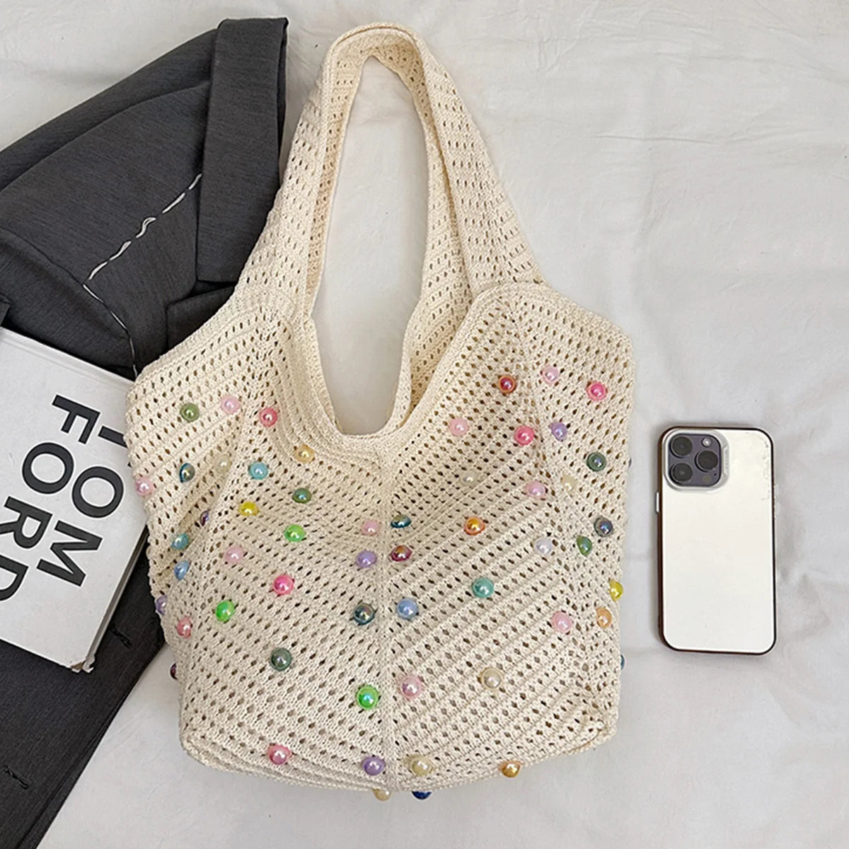 Beach Knitted Openwork Women Shoulder Bag Colorful Pearl Tote Soft Material Large Capacity Versatile