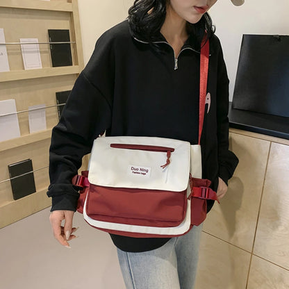 Small Fresh Canvas Color Blocked Postman Bag Large Capacity Campus Student Trendy Work Commuter