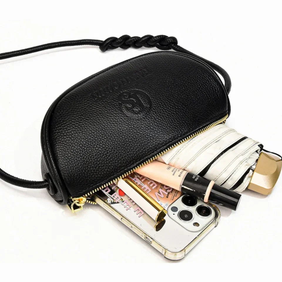 Leather Crescent Crossbody Mini Shoulder Bag – Braided Strap Daily Commute Bag