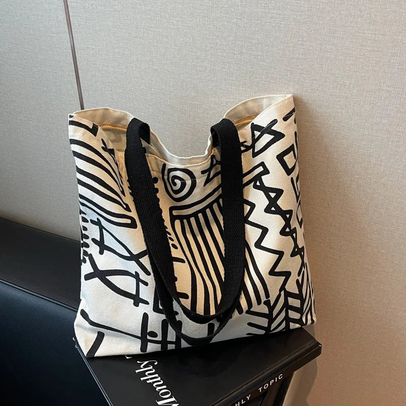 Large Canvas Tote Bag – Printed Stripe Pattern Shoulder Handbag