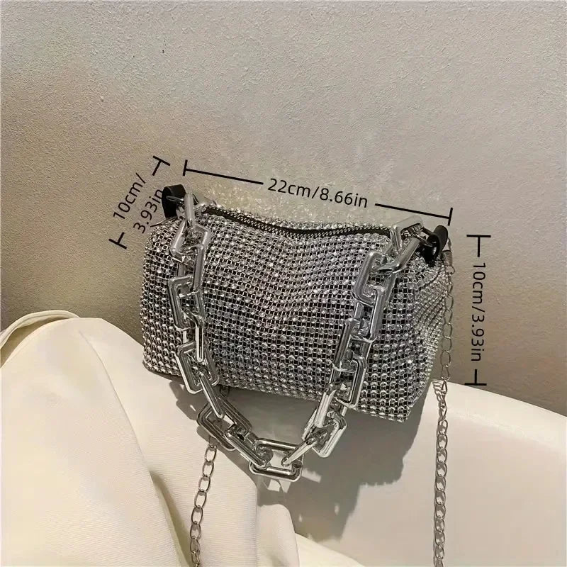 Rhinestone Shoulder Bag – Sparkling Pillow Bag with Chain Strap