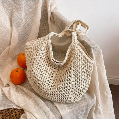 Summer Beach Tote Shoulder Bag Straw Weav Handbag Large Capacity Vacation Weaving Hollow Bags Women
