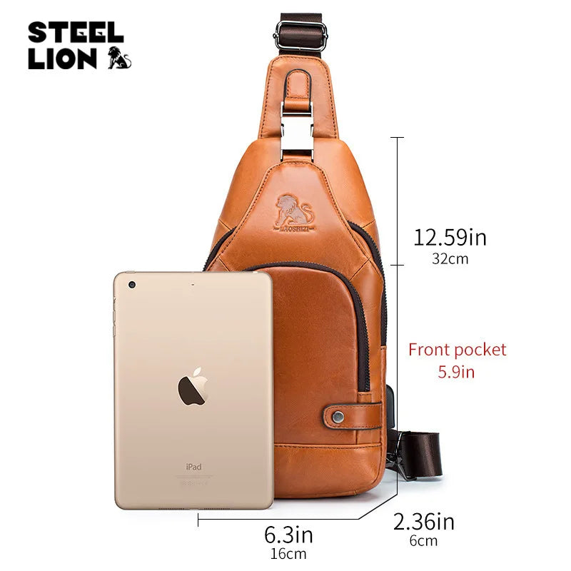 Leather Chest Bag Man Cross-Body Backpack Usb Multi-Function Large Capacity Front Satchel