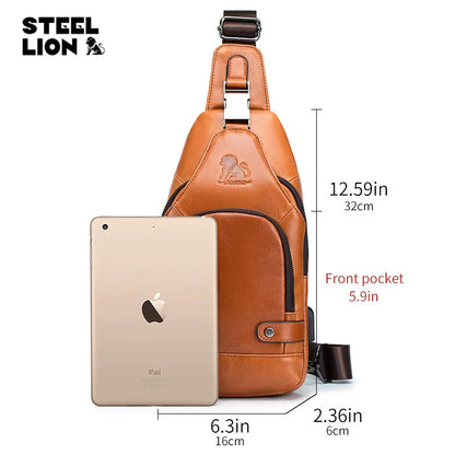 Leather Chest Bag Man Cross-Body Backpack Usb Multi-Function Large Capacity Front Satchel